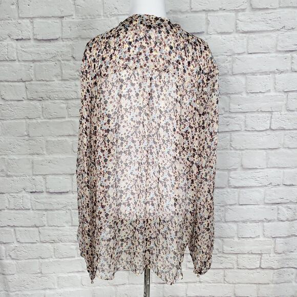 Theory Top Silk Bernetta Floral Crinkle Chiffon Tie Neck Sheer Long Sleeve Sz L - Picture 11 of 13